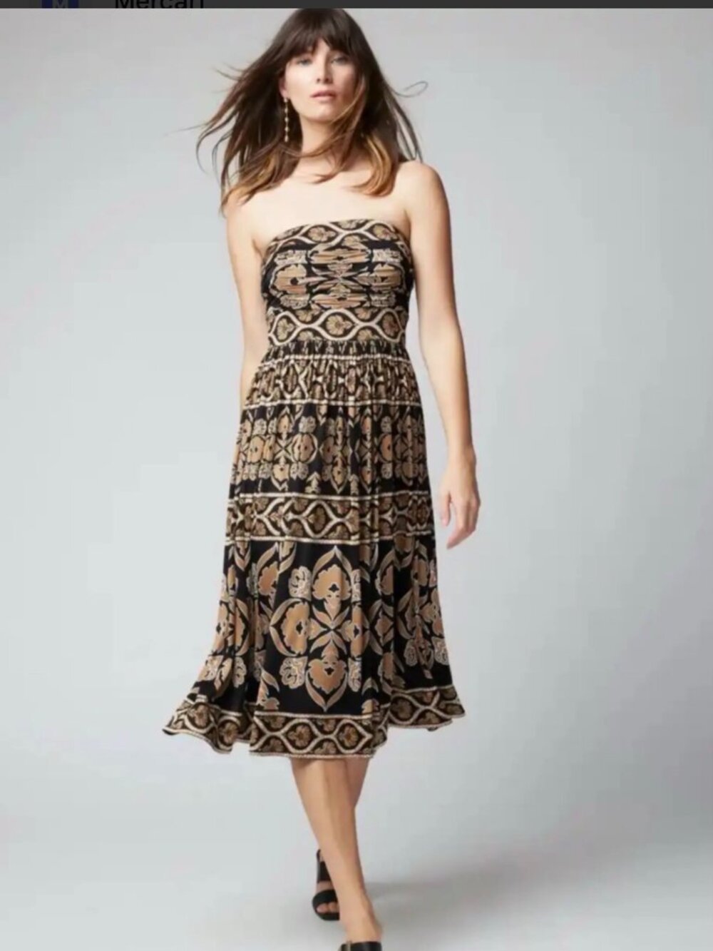 NWT White House Black Market Brown & Tan Strapless Medallion Dress, Size 4